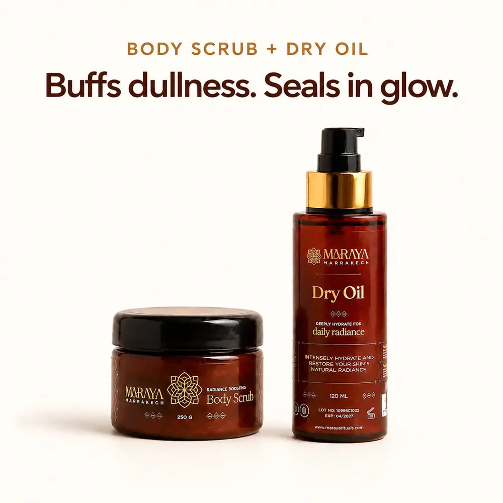 Glow Duo — Body Scrub buffs dullness and Dry Oil seals in glow