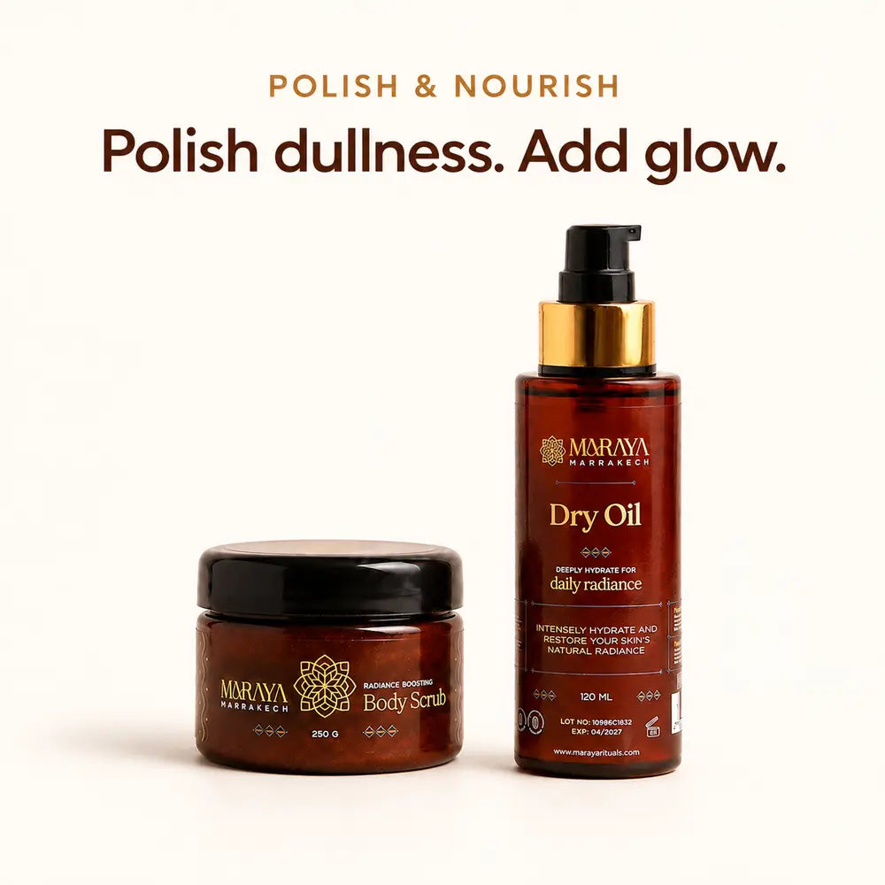 Glow Duo — Body Scrub buffs dullness and Dry Oil seals in glow