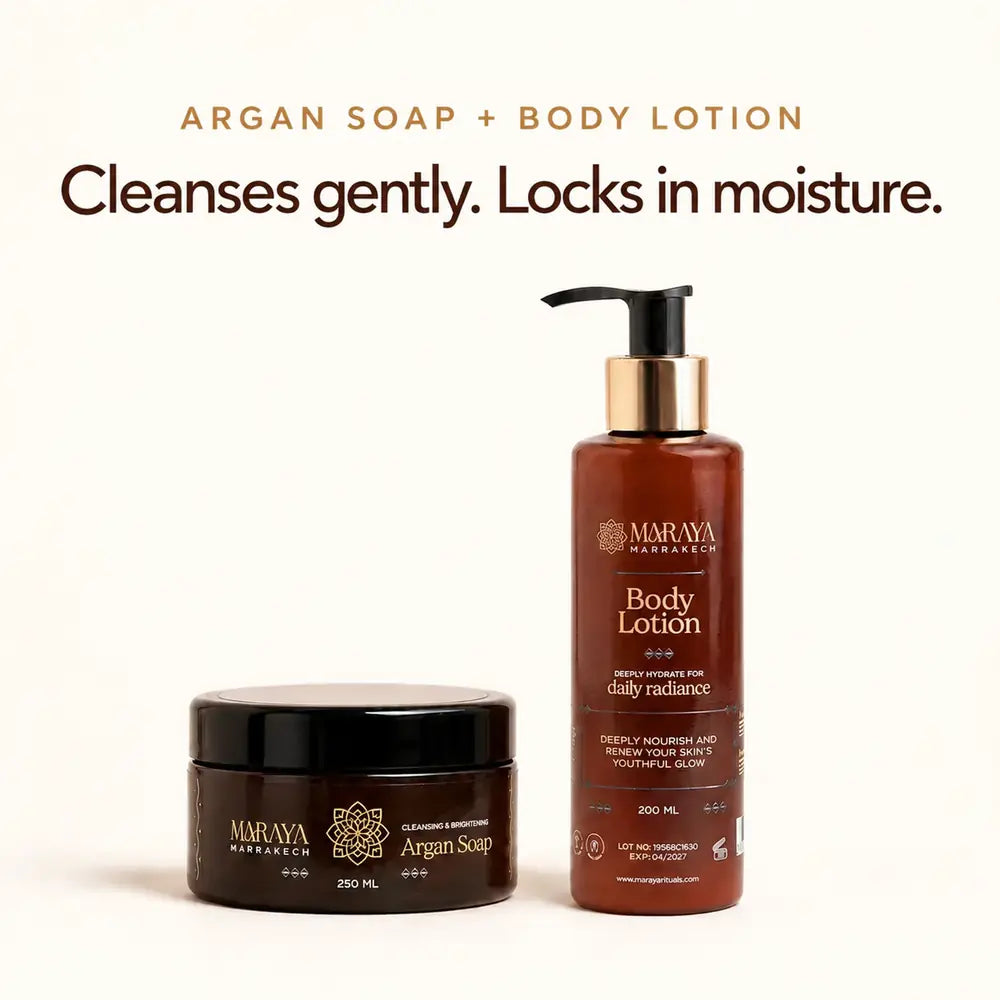 Hydration Duo — Argan Soap cleanses gently and Body Lotion locks in moisture