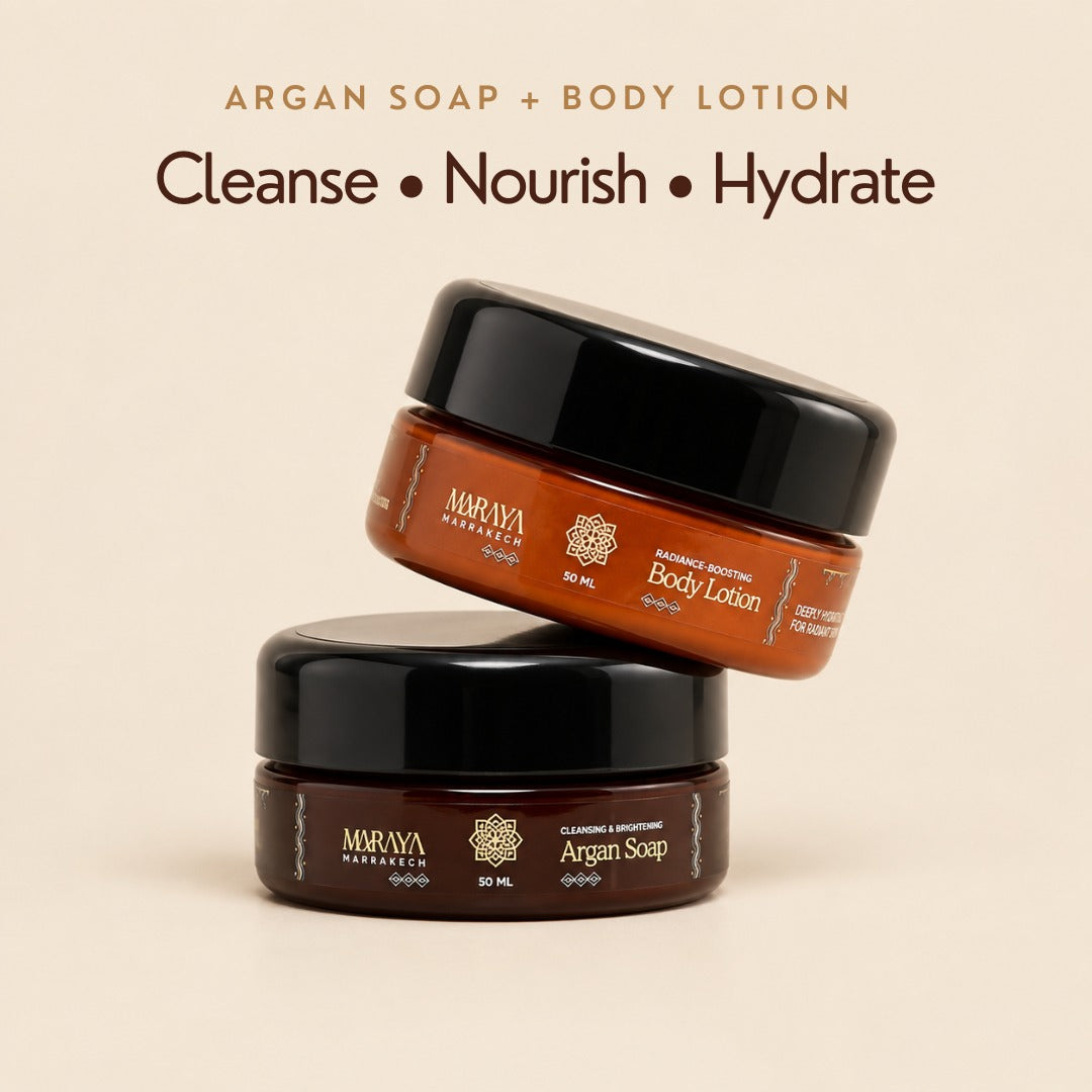 Maraya Mini Duo 50 ml Argan Soap and Body Lotion stacked